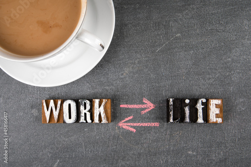 Work Life koncept. Text and coffee mug on a dark board