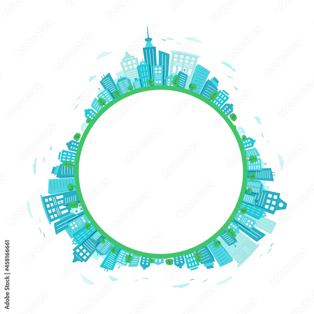 Blue City circle. Round city landscape with an empty space for the text.