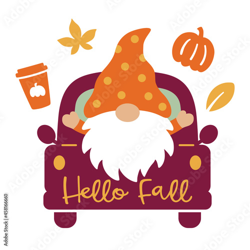 Cute gnome on a truck with fall elements including autumn leaves, pumpkin, and pumpkin spice coffee vector illustration.