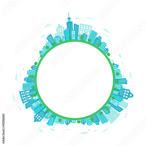 Blue City circle. Round city landscape with an empty space for the text.