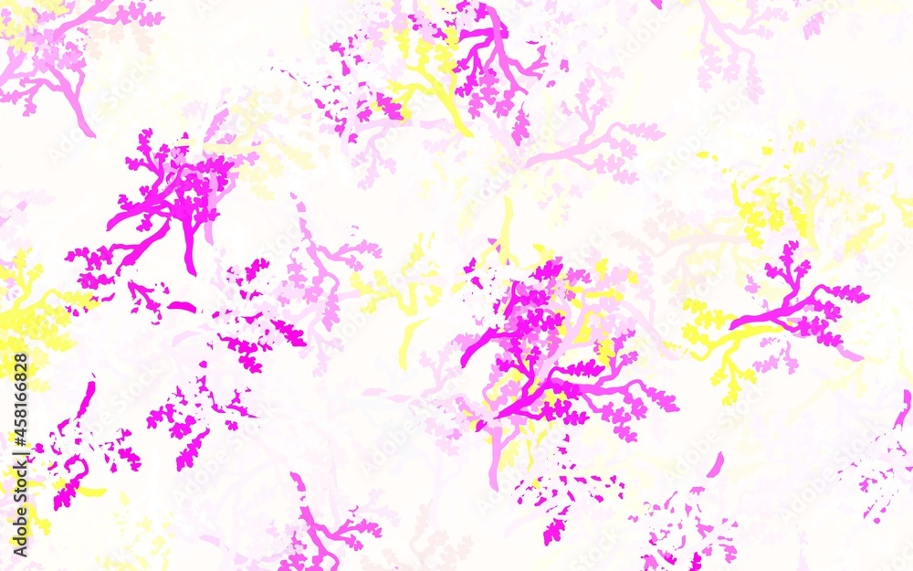 Light Pink, Yellow vector doodle pattern with leaves, branches.