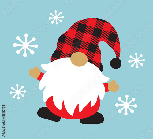 Christmas holiday gnome with red plaid pattern hat and winter snow vector illustration.