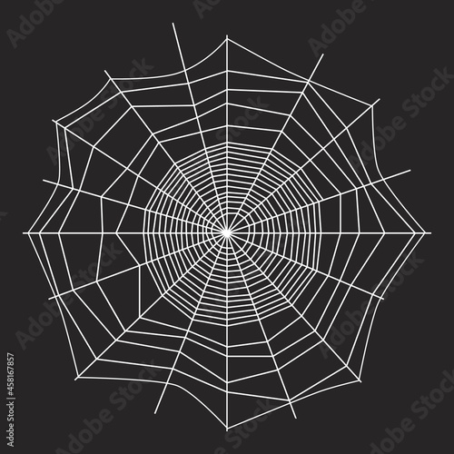 White threads of spider web on dark background. Black and white design. Spiderweb silhouette graphic. Cobweb outline on black wall. Halloween theme. Network, trap and danger, scary, arachnid symbol.
