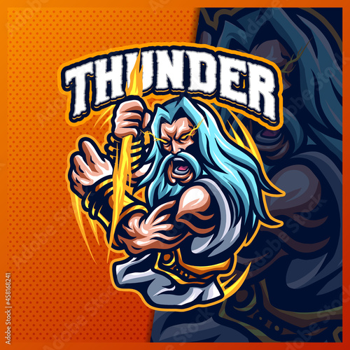 Zeus Thunder God mascot esport logo design illustrations vector template, Greece Ancient Gods logo for team game streamer merch, full color cartoon style