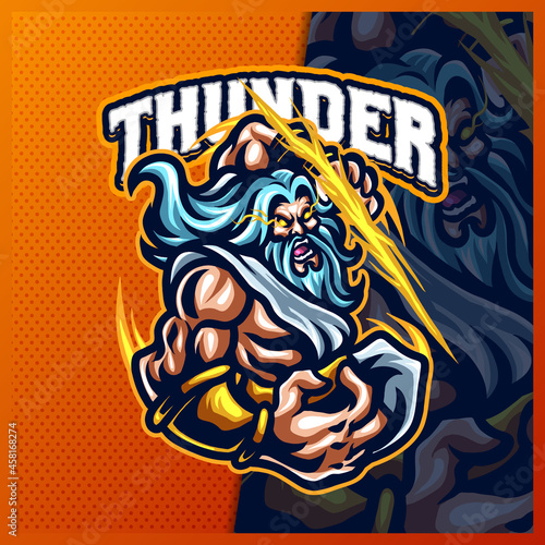 Zeus Thunder God mascot esport logo design illustrations vector template, Greece Ancient Gods logo for team game streamer merch, full color cartoon style