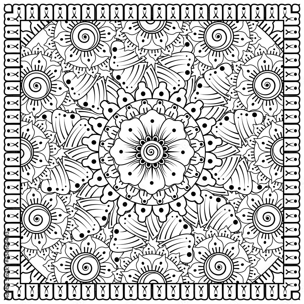 Outline square flower pattern in mehndi style for coloring book page Outline square flower pattern in mehndi style for coloring book page