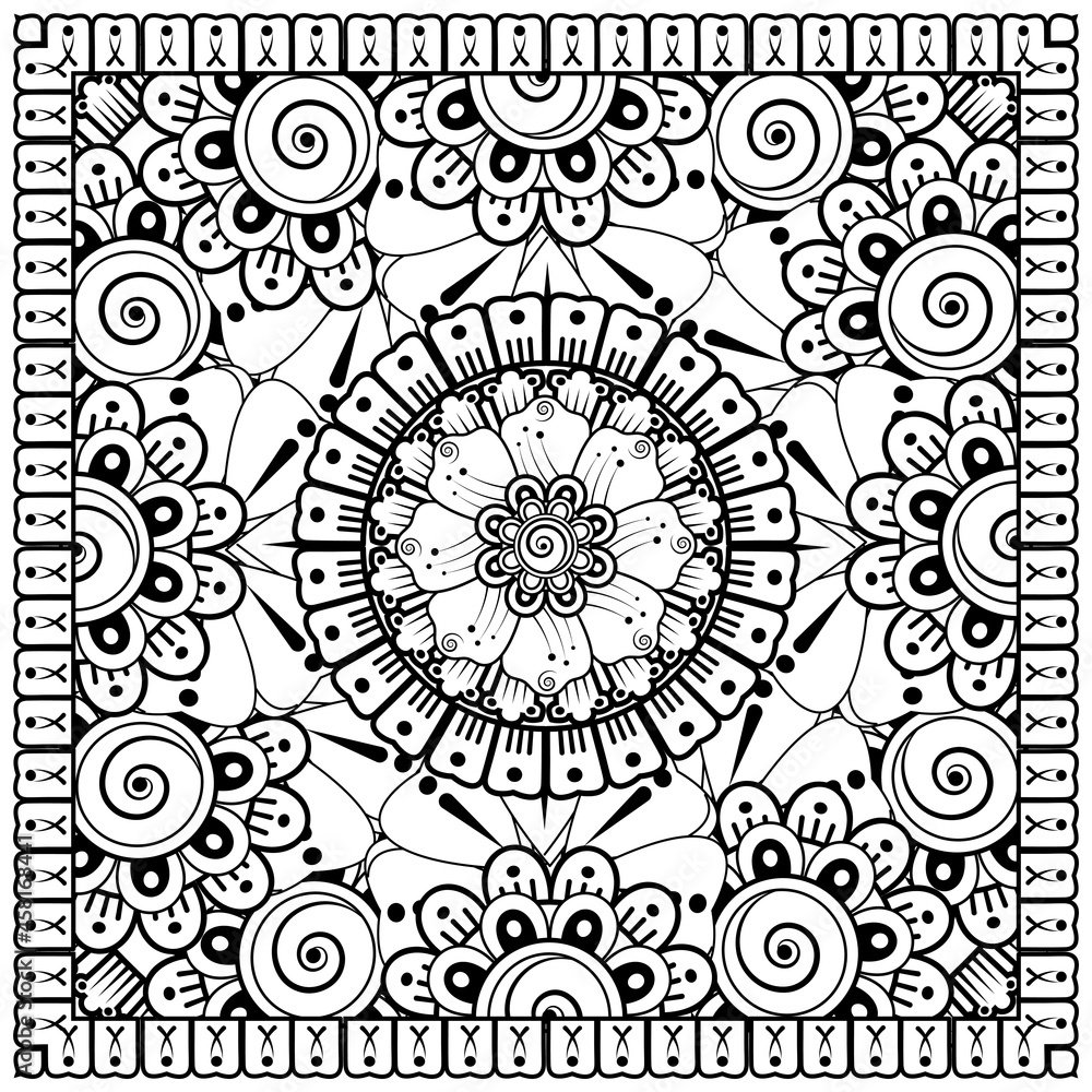 Outline square flower pattern in mehndi style for coloring book page