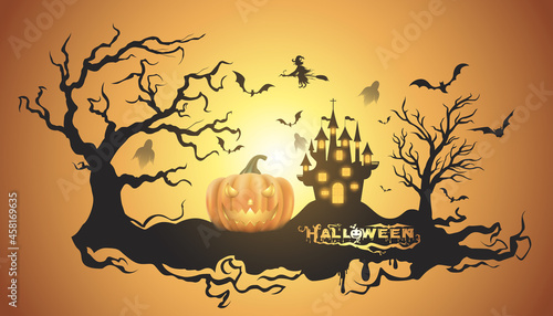 Happy Halloween background with pumpkin ghost, Haunted house with full moon and The witch was casting magic spells and made poison. Template for Halloween party. Vector illustration