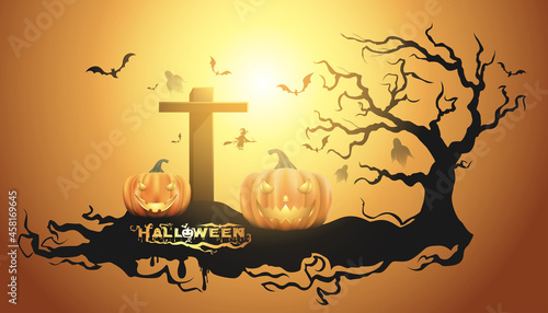 Happy Halloween background with pumpkin ghost, Haunted house with full moon and The witch was casting magic spells and made poison. Template for Halloween party. Vector illustration