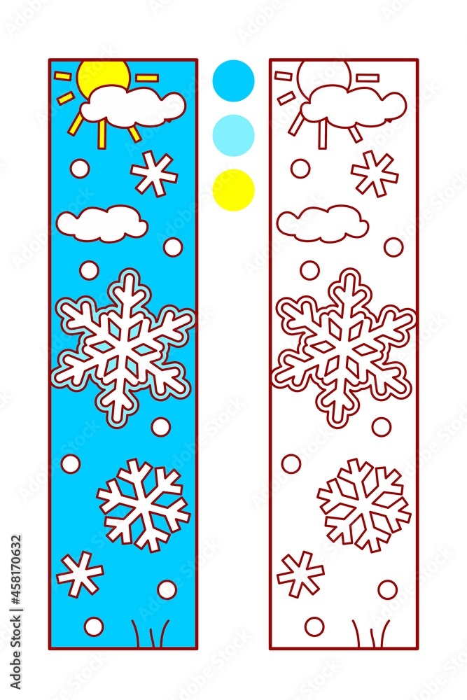 Coloring page with snowflakes. Winter, frost, sunny day.

