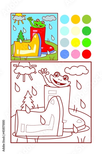 Coloring page for kids. Gumboots, frog, rain, puddle.
