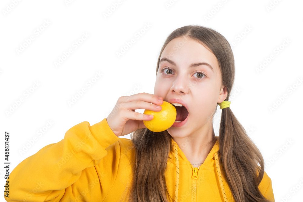 cheerful teen girl with citrus fruit lemon full of vitamins isolated on white, detoxication cheerful teen girl with citrus fruit lemon full of vitamins isolated on white, detoxication