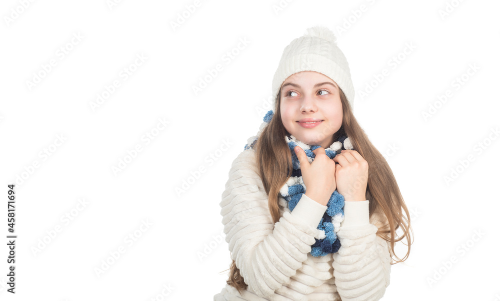 happy teen girl in knitted hat and scarf warm clothes isolated on white copy space, winter