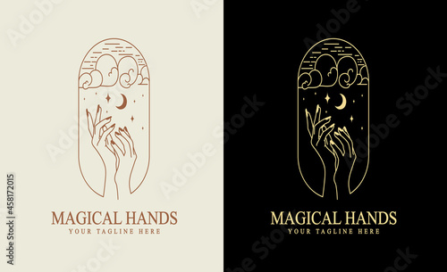 feminine Beauty boho logo collection with magical hand, nails, rose, crystal, moon, sun, star Vector illustration for icon, logo, sticker, printable and tattoo