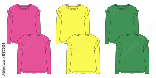 Pink, yellow, green color Long sleeve  dress design template for baby girls. Technical Fashion flat sketch vector illustration mock up front and back views isolated on white background.