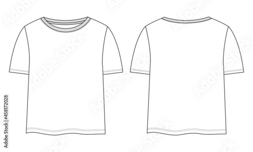 Short Sleeve T shirt Dress design technical fashion flat sketch vector illustration template for Baby girls and ladies. Cotton fabric clothing mock up front and back views.