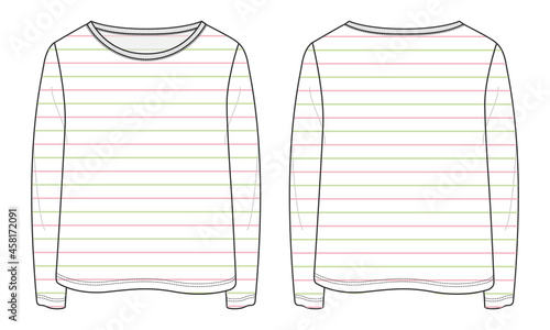 Long sleeve t shirt with all over colorful stripe technical fashion flat sketch vector illustration template for ladies and baby girls. Apparel design Mock up. Ladies Unisex tops CAD. Easy editable
