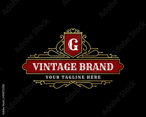 Vintage luxury ornamental logo with floral ornament. Suitable for whiskey, alcohol, beer, brewery, wine, barber shop, tattoo studio, salon, boutique, hotel, shop signage restaurant hotel