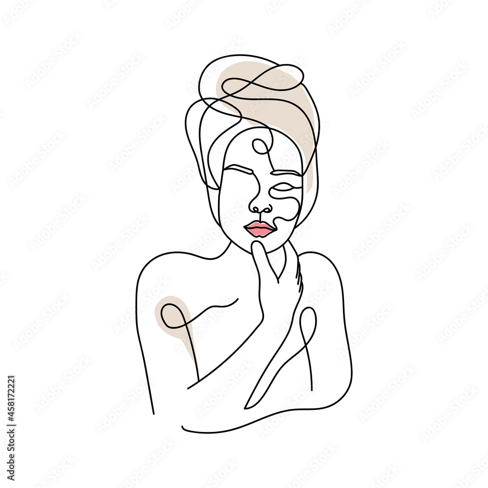 Hand drawn feminine woman beauty minimal face and floral botanical logo template for makeup spa salon skin & hair care line art