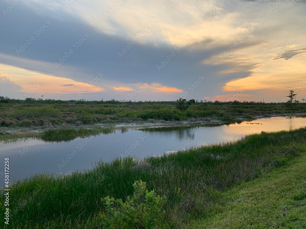winding river in the swamp with orange and purple sunset and cypress tree silhouette. winding river in the swamp with orange and purple sunset and cypress tree silhouette.