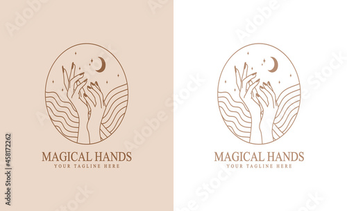 feminine Beauty boho logo collection with magical hand, nails, rose, crystal, moon, sun, star Vector illustration for icon, logo, sticker, printable and tattoo