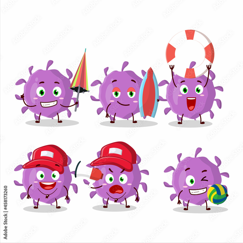 Happy Face virus particle cartoon character playing on a beach Happy Face virus particle cartoon character playing on a beach