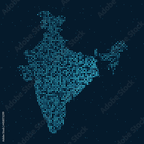 Abstract Dotted Halftone with star effect in dark background with map of india. Digital dotted technology line, design sphere, dot and structure. vector illustration