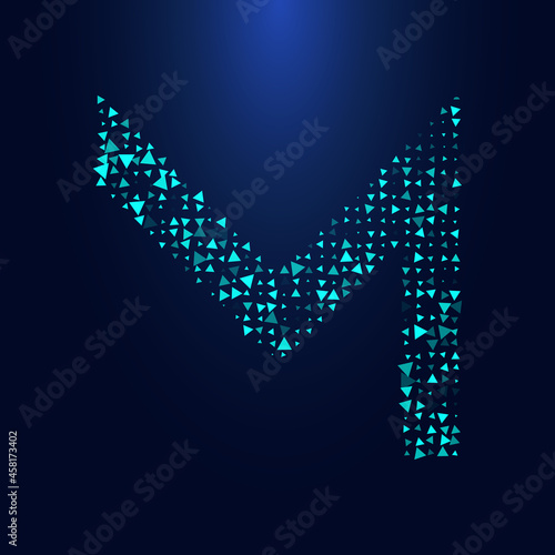 Futuristic triangular letter M in halftone. Letter illustration isolated on dark background.