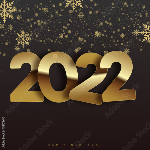 Happy New Year 2022 poster with golden text and falling snowflakes. Vector