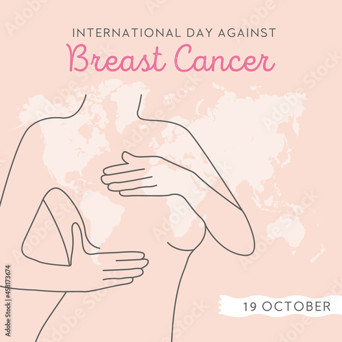 International Day Against Breast Cancer. Line art woman with world map on background. Vector flat style square banner or card with female outline silhouette. Breast Cancer awareness month