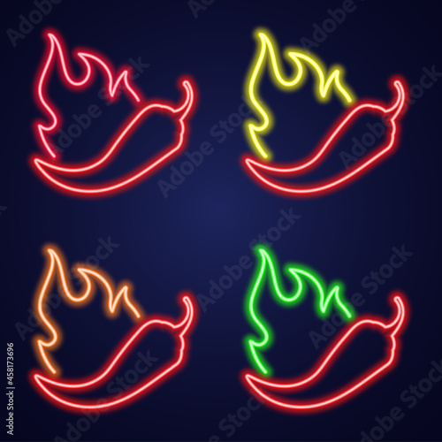 Neon icon set chilli with fire. Signboard with hot burning pepper. Spice Levels vector illustration. Night bright signs.