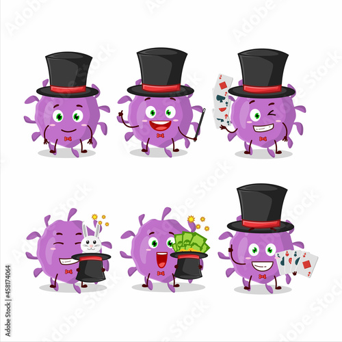 A virus particle Magician cartoon character perform on a stage