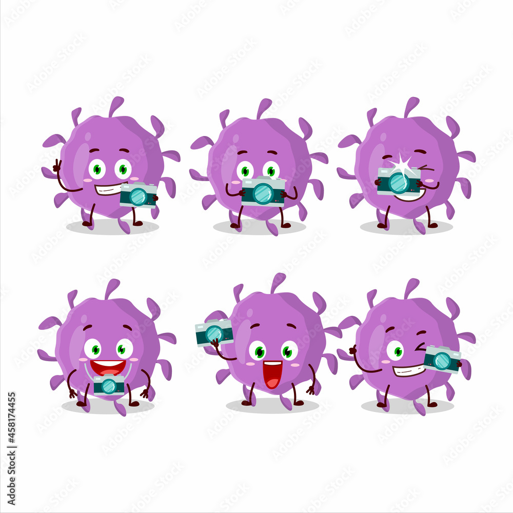 Fototapeta premium Photographer profession emoticon with virus particle cartoon character