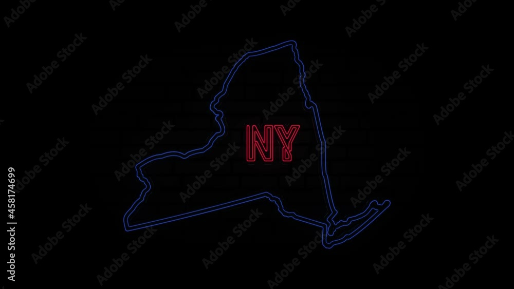 Glowing neon line New York state lettering isolated on black background. USA. Animated map showing the state of New York from the united state of america Glowing neon line New York state lettering isolated on black background. USA. Animated map showing the state of New York from the united state of america
