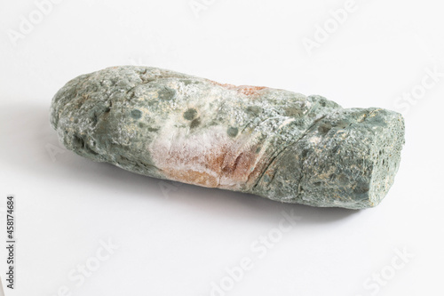 Green moldy bread on a white background, isolate. Loaf with mold, macro