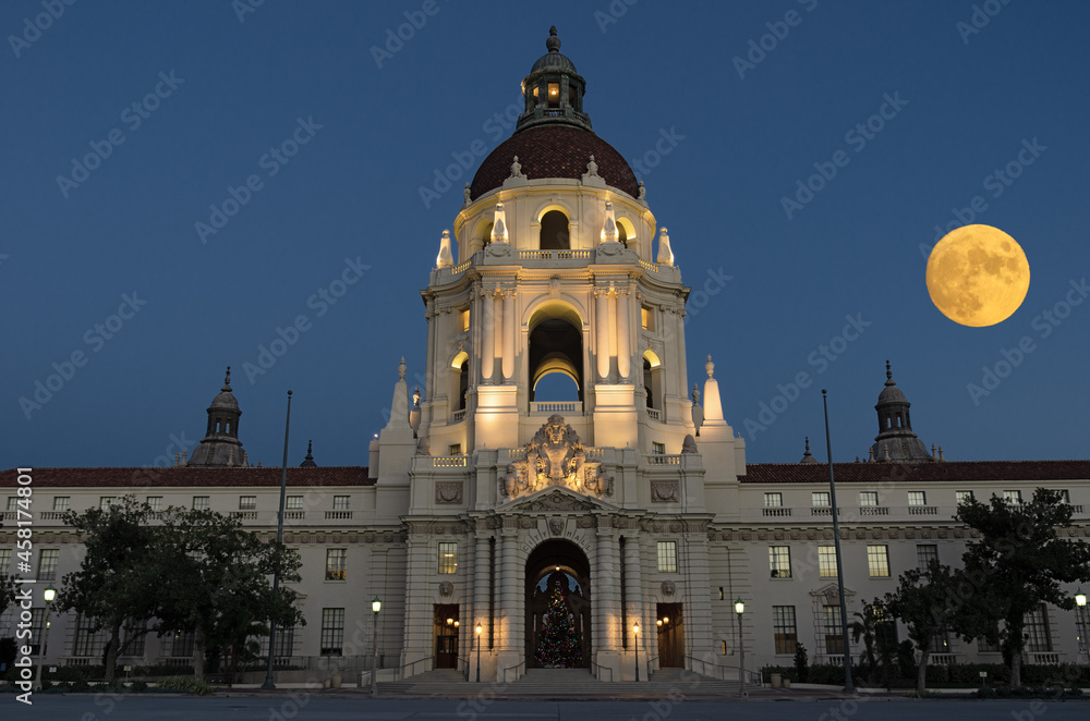 Moon rising over the Pasadena City Hall in Los Angeles County, California.