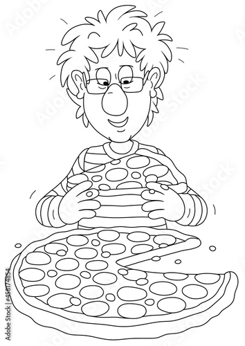 Funny boy in a great mood with a big tasty pepperoni pizza, black and white vector cartoon for a coloring book page