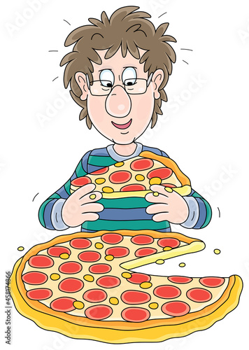 Funny boy in a great mood with a big tasty pepperoni pizza, vector cartoon illustration isolated on a white background