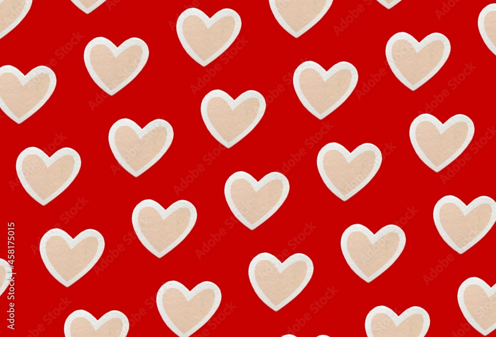 Background for the design and banner. Pink heart on a red background. Pattern.