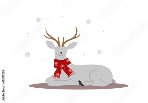 Christmas reindeer in scarf. Cute deer with antlers. Winter design element. Vector illustration in flat cartoon style.
