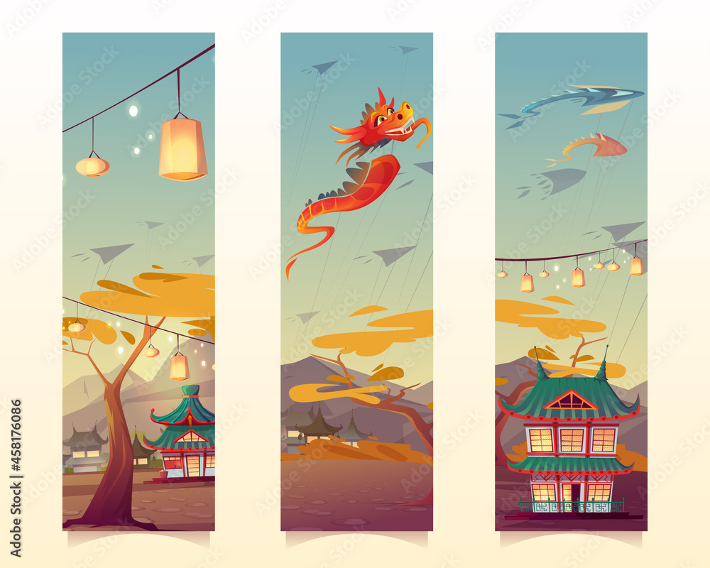 Chinese festival with lanterns and flying kites in shape of dragon and fish. Vector vertical banners or bookmarks with cartoon illustration of village with traditional houses in China Chinese festival with lanterns and flying kites in shape of dragon and fish. Vector vertical banners or bookmarks with cartoon illustration of village with traditional houses in China