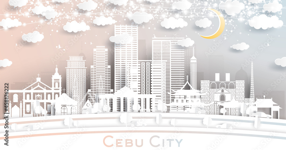 Cebu City Philippines Skyline in Paper Cut Style with White Buildings, Moon and Neon Garland.