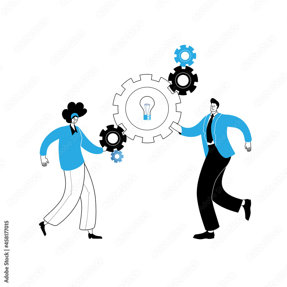 Boy and girl connect parts of the mechanism. Concept of a vector illustration in a flat style on the theme of teamwork and joint solutions. Boy and girl connect parts of the mechanism. Concept of a vector illustration in a flat style on the theme of teamwork and joint solutions.
