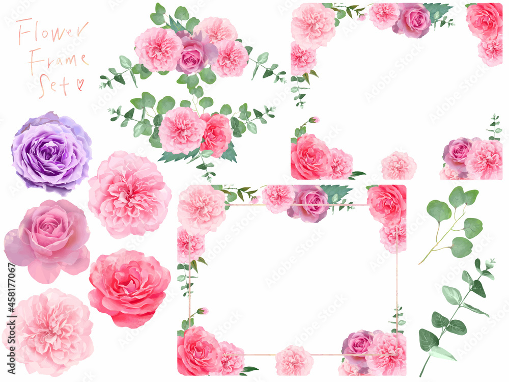 美しい色使いのいろいろなバリエーションのバラの花と植物のおしゃれな白バックフレームセットイラストベクター素材 Stock Vector Adobe Stock