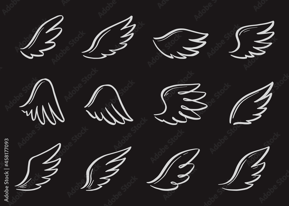 Fototapeta premium Angel doodle wing set on chalkboard. Hand drawn sketch style wing. Bird feather, angel concept vector illustration. Pencil line drawing.