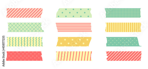 Washi masking tape set. Cute scotch paper sticker for scrapbook. Tape set of japanese style with ribbon, dot decorative element.