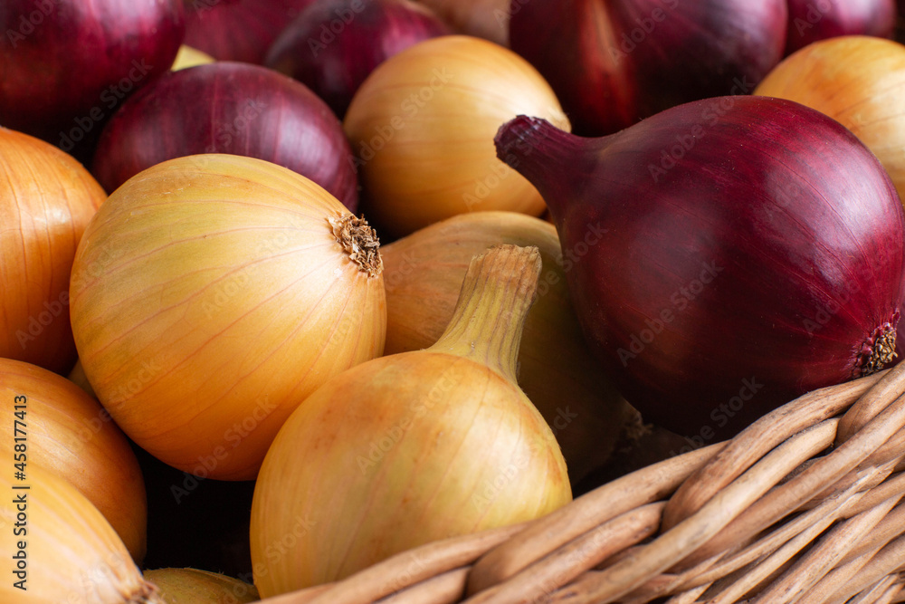 Background from red and yellow onions. Healthy vegetable, copy space, macro Background from red and yellow onions. Healthy vegetable, copy space, macro