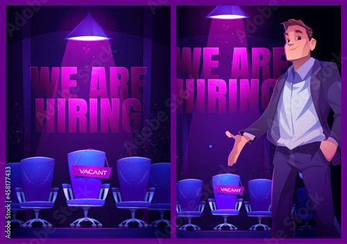 We are hiring posters with empty chair and hr manager. Vector banners of job vacancy, hire staff with cartoon illustration of businessman recruits employee to vacant seat
