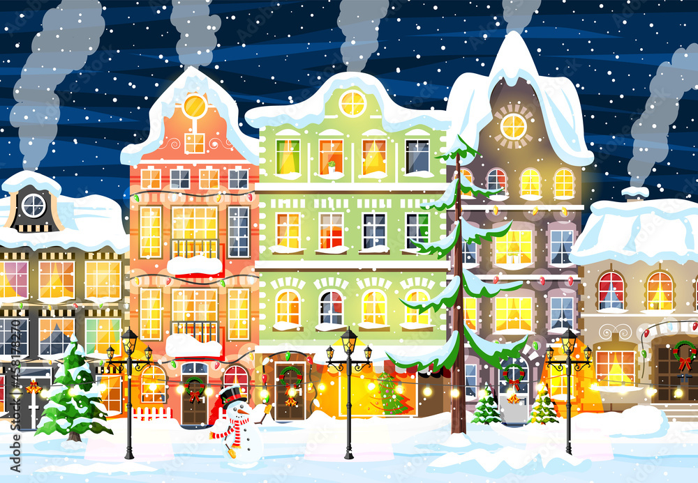 Christmas Card with Urban Landscape and Snowfall.