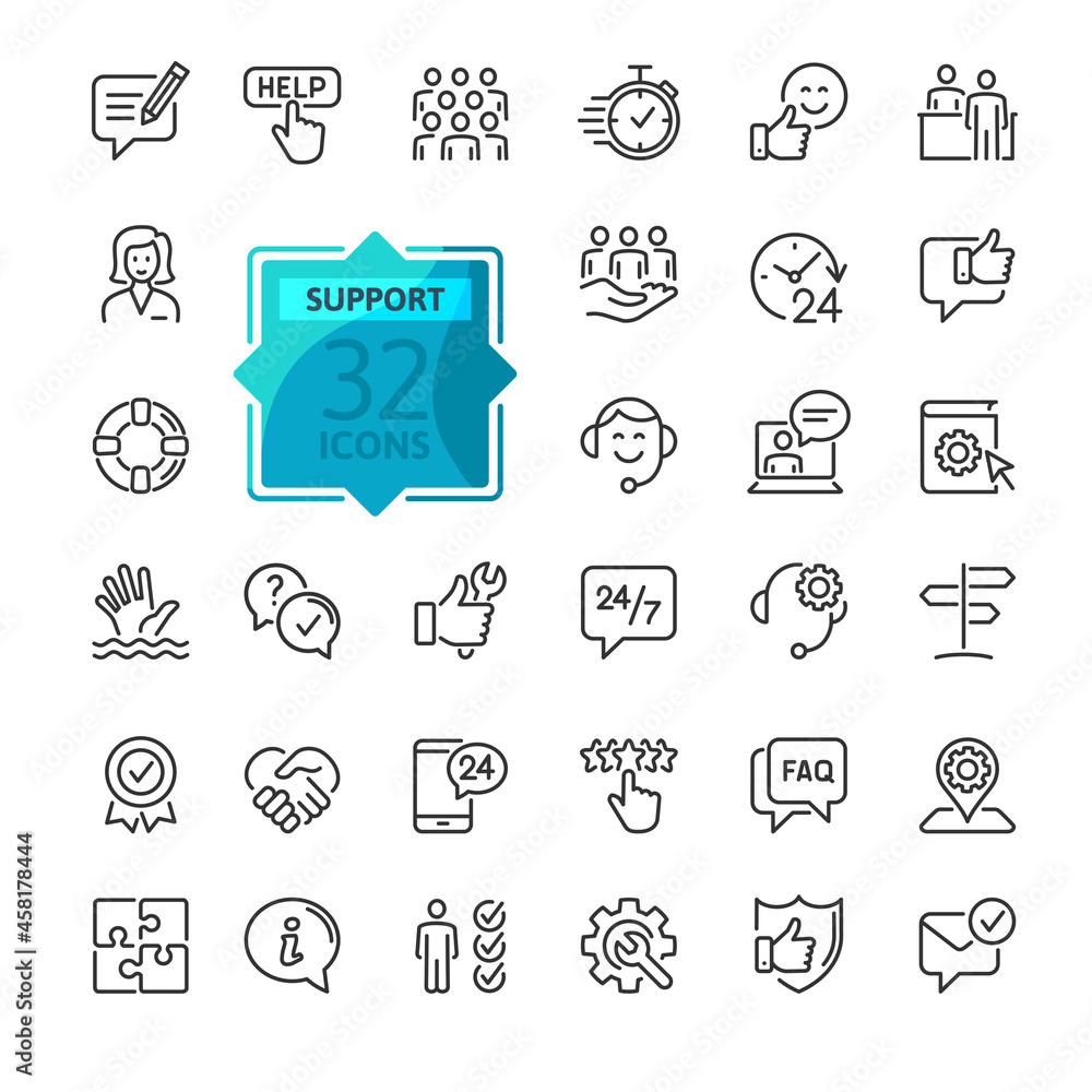 Customer Service and Support - Outline Icon Collection. Thin Line Set contains such Icons as Online Help, Helpdesk, Quick Response, Feedback and more. Simple web icons set. Customer Service and Support - Outline Icon Collection. Thin Line Set contains such Icons as Online Help, Helpdesk, Quick Response, Feedback and more. Simple web icons set.